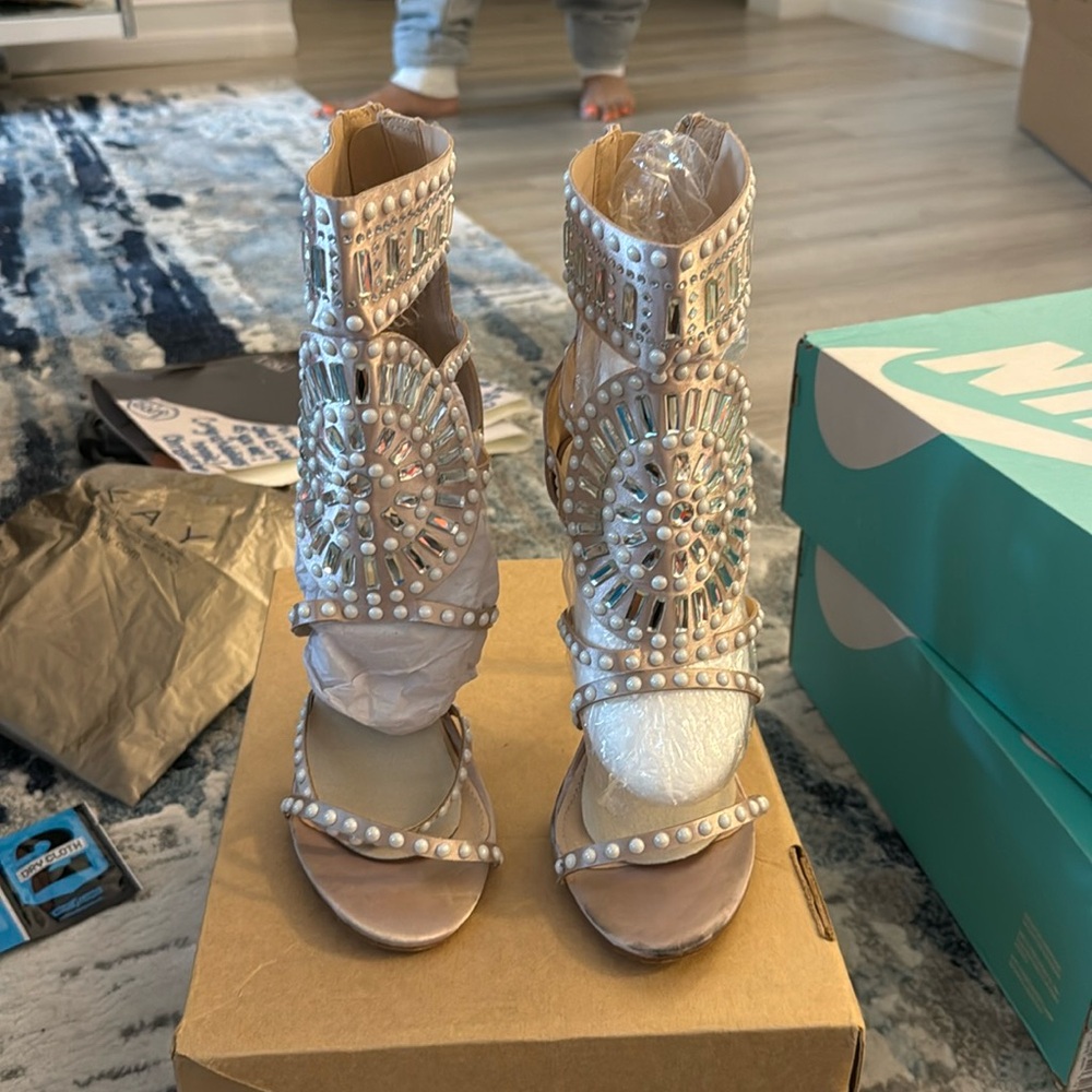 Public Desire Cleopatra Embellished heels sandals in rose gold